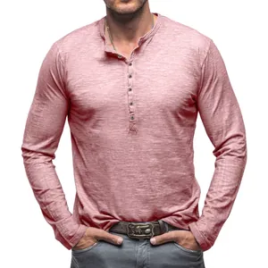 Men's Casual Long Sleeve Henley T-Shirt Slub Cotton Slim Fit Solid Color Button Top Retro Fall Fashion Male Clothing