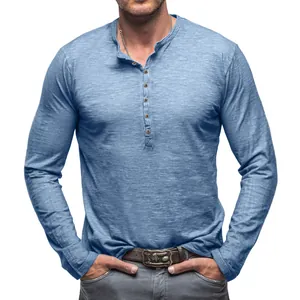 Men's slim-fit long-sleeve Henley shirt made of premium slub cotton in blue