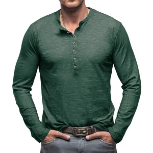 Professional men's dark green long sleeve slub cotton Henley shirt with button chest placket