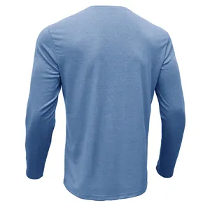 Back view of slim fit blue long-sleeve T-shirt with soft cotton texture