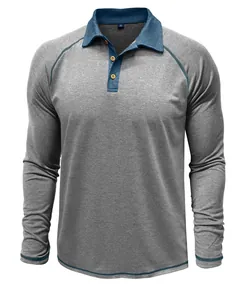 Polo gris à manches longues pour homme avec col bleu contrasté et surpiqûres élégantes