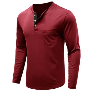 Detail showing the burgundy cotton slim fit Henley shirt with three buttons and chest pocket