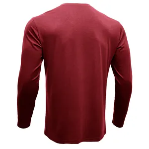 Detailed back view of a burgundy slim-fit cotton long-sleeve T-shirt for men, soft texture