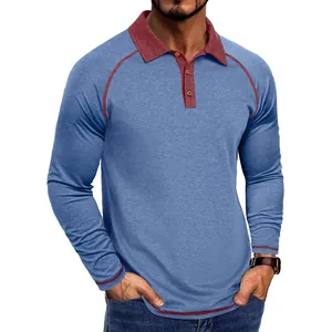 Polo décontracté à manches longues pour homme avec col contrasté et tissu respirant