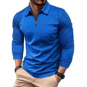 Macro view of men's royal blue long sleeve polo shirt with half zipper and pocket