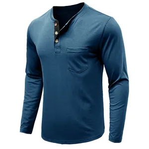 Detailed close-up view of blue men's long-sleeve Henley t-shirt featuring a chest pocket