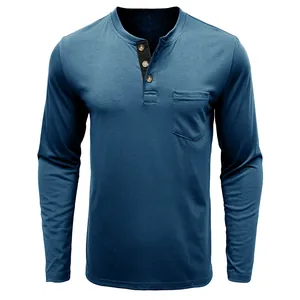 Detailed view of a blue men's long-sleeve Henley T-shirt with a chest pocket.