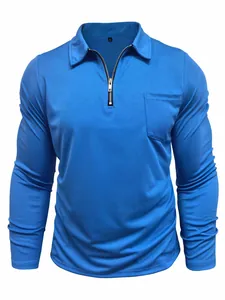 Premium blue men's long-sleeve polo shirt with front zipper and chest pocket detail