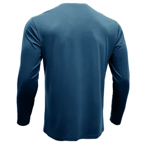 Back view of the slim fit long sleeve shirt showing the navy blue breathable fabric