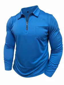Slim fit blue long-sleeved men's polo shirt with front zipper and chest pocket detail