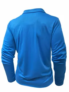 Detailed back view of a men's vibrant blue slim-fit long-sleeve polo shirt for autumn