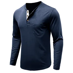 Navy blue slim fit men's long sleeve Henley shirt with a functional chest pocket