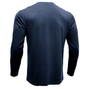 Detailed back view of a dark navy long-sleeved slim-fit breathable cotton T-shirt for men
