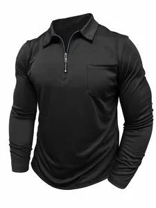 Men's slim fit black long sleeve polo shirt featuring a zipper neck and chest pocket detail