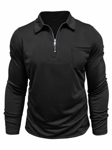 Close-up detail of black slim-fit long-sleeve polo shirt with zipper collar and chest pocket