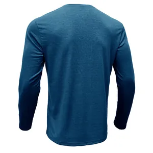 Back view of a blue slim-fit long-sleeve cotton T-shirt with breathable marl texture