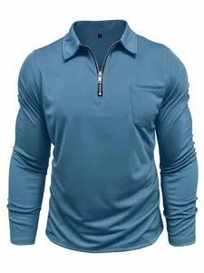 Close-up of blue slim fit long sleeve polo shirt with zipper collar and chest pocket