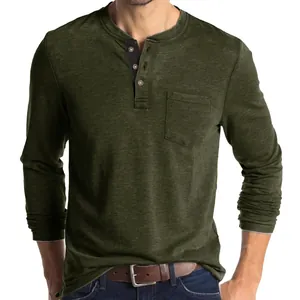 Men's long sleeve dark green Henley t-shirt with front pocket and button neckline