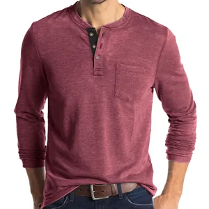Men's slim fit cotton Henley long sleeve T-shirt with chest pocket in burgundy red