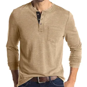 Men's khaki cotton slim fit Henley neck long sleeve t-shirt with a chest pocket detail