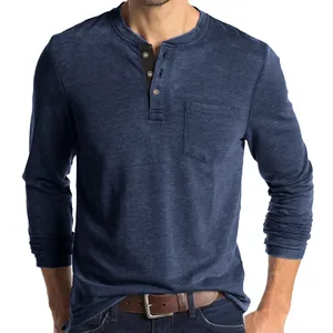 Slim fit men's cotton long sleeve Henley t-shirt with pocket in breathable navy blue