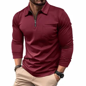 Men's slim fit long sleeve polo shirt with zippered collar and chest pocket in wine red