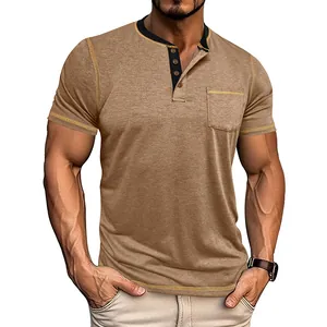 Close-up of men's khaki Henley shirt featuring contrast collar and chest pocket detail