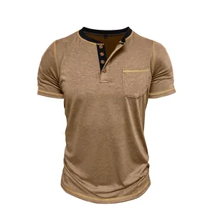 Close-up of men's quick-dry Henley T-shirt with contrast collar and chest pocket