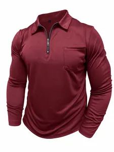 Men's slim fit long sleeve polo shirt with zipper collar and chest pocket in burgundy