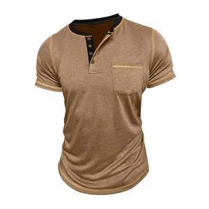 Macro detail of brown short sleeve Henley shirt featuring a contrast black collar