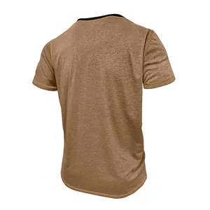 Rear detail of men's quick-dry brown t-shirt with contrast stitching and round neck
