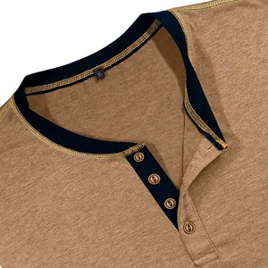 Close-up detail of a men's Henley shirt featuring contrast stitching and color-block collar.