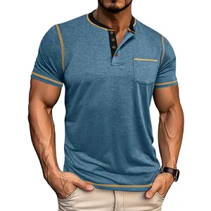 Close-up of blue men's Henley shirt with contrast stitching and chest pocket detail