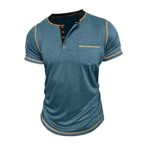 Close-up of men's blue quick-dry Henley shirt with contrast stitching and pocket