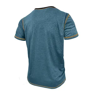 Back view of a blue men's athletic T-shirt with stylish contrast orange stitching