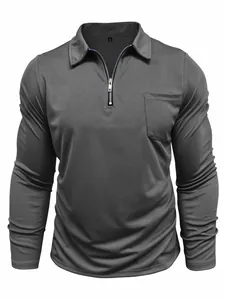 Front view of grey men's slim fit long sleeve polo shirt with zipper and pocket