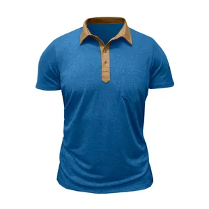 Detailansicht eines blauen Herren-Polohemds mit braunem Kontrastkragen