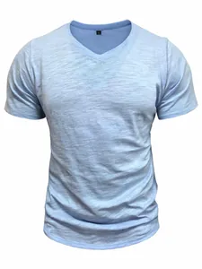 Premium light blue men's casual slub cotton V-neck short sleeve T-shirt for summer