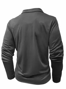 Detailed back view of a men's charcoal gray slim fit long sleeve polo shirt with collar