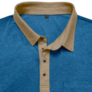 Detaillierte Nahaufnahme eines blauen Herren-Poloshirts mit khakifarbenem Kontrastkragen