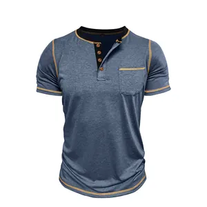 Professional front view of a men's blue Henley shirt with yellow contrast stitching