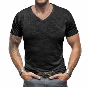 Close-up of a men's classic black slub cotton V-neck t-shirt with a textured finish