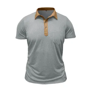 Vorderansicht graues Slim-Fit-Poloshirt mit braunem Kontrastkragen und Brusttasche