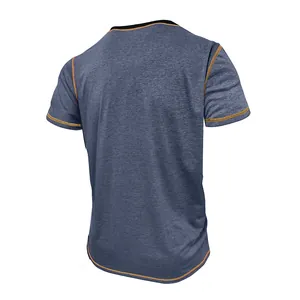 Back view of men's athletic heather blue T-shirt with contrast orange stitching details