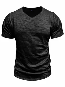 Detail view of dark grey slub cotton V-neck T-shirt for men showing fabric texture