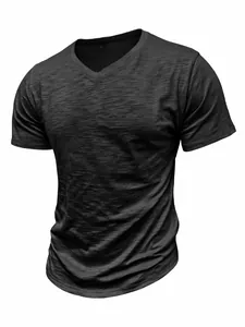 Premium men's charcoal grey slub cotton V-neck t-shirt showing detailed fabric texture