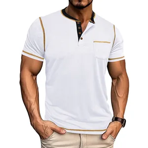 Close-up of men's white short-sleeved Henley shirt with contrast collar and stitching