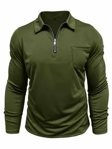 Detailed view of army green long-sleeve polo shirt with quarter-zip and front pocket