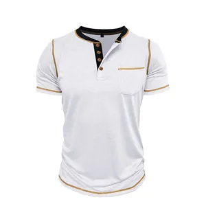 Close-up of white short-sleeve Henley shirt with contrast trim and pocket details.
