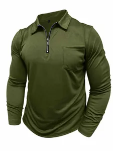 Detail view of men's olive green long-sleeve polo shirt with 1/4 zip and chest pocket